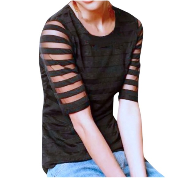 🌺SOLD ON BAY🌺 Anthropologie Stripe Mesh Tee Small 2 4 Black Lined Short Sleeves - Picture 3 of 13